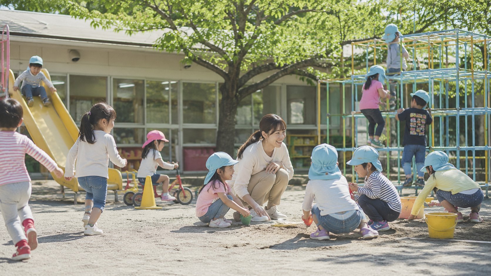 園庭で遊ぶ子どもたちと先生